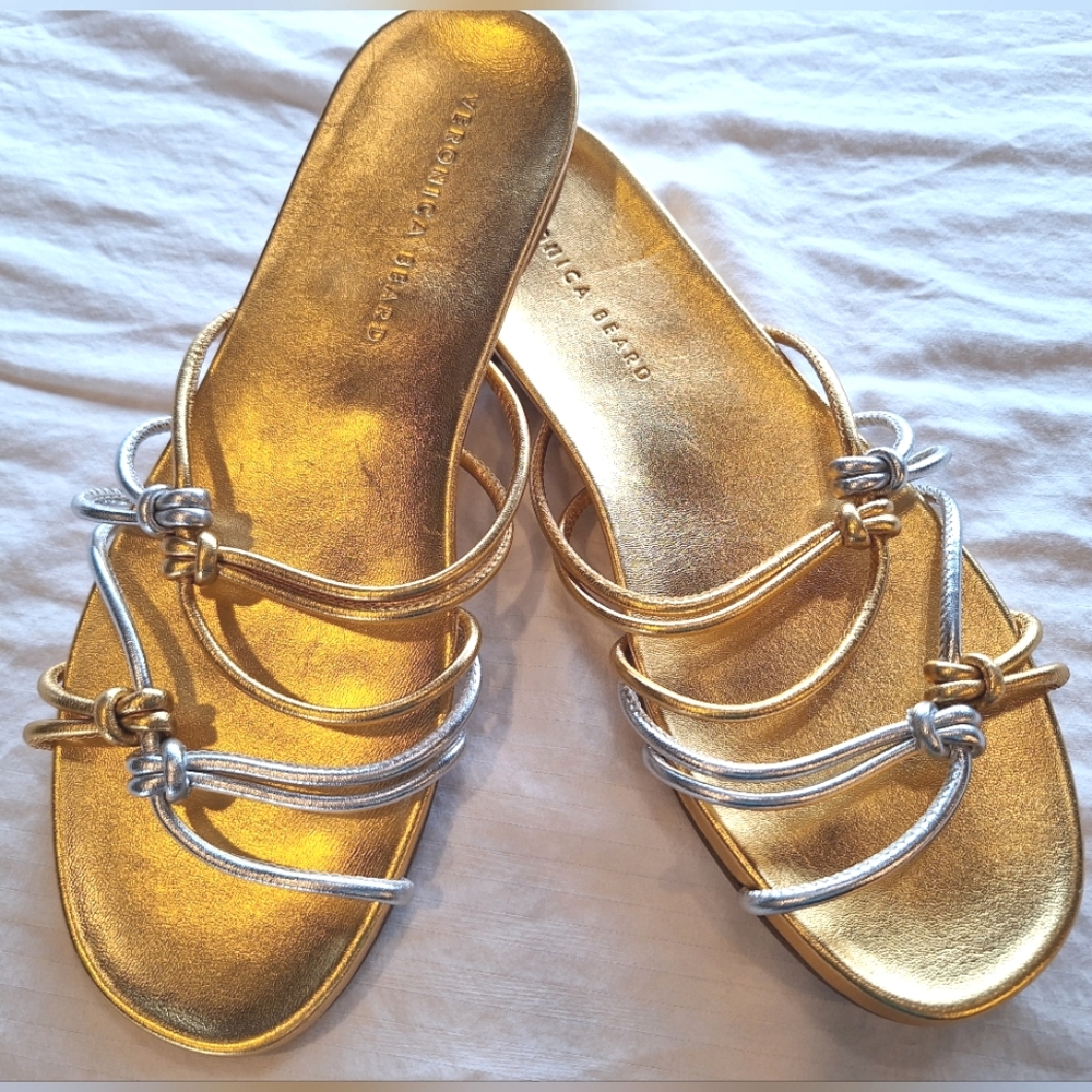 Veronica Beard gold and silver strappy leather women's slide sandals- size 8.5